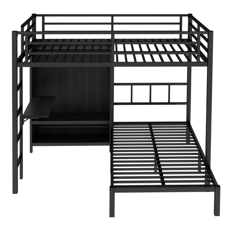 Full XL Over Twin Bunk Bed with Folding Desk for Kids, Heavy Duty Metal Bed Frame w/ LED Closet & Safety Guardrails, Noise Free