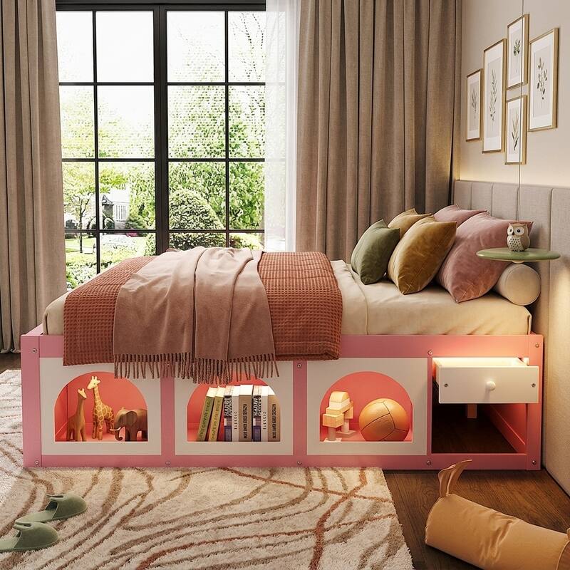 Wooden Platform Bed with Footboard Bookshelf, LED Display Cabinet and Drawer Storage by Harper&Bright Designs