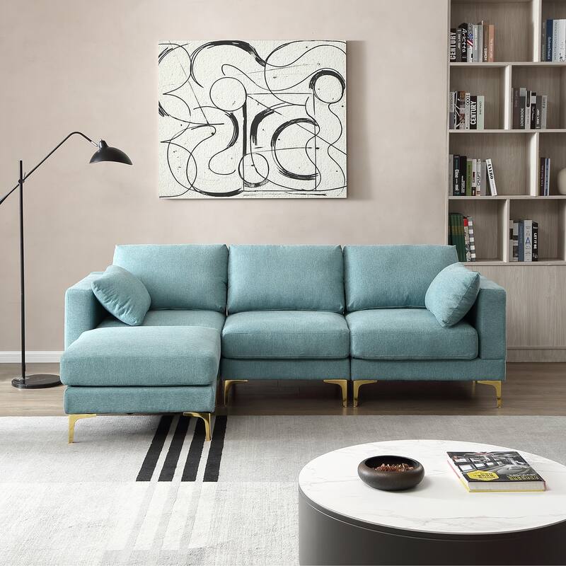 92'' Fabric L-Shape 3-Seater Sofa with Ottoman, Gold Metal Legs, and Toss Pillows