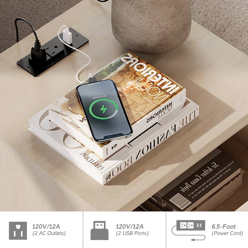 Set of 2 End Tables with Charging Station & Drawer Storage Cabinet