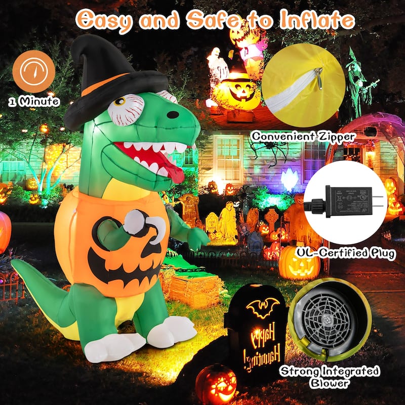 6FT Halloween Inflatable Dinosaur with Pumpkin and LED Lights for Outdoor Yard Decoration - 38.4”L x 49.2”W x 72”H