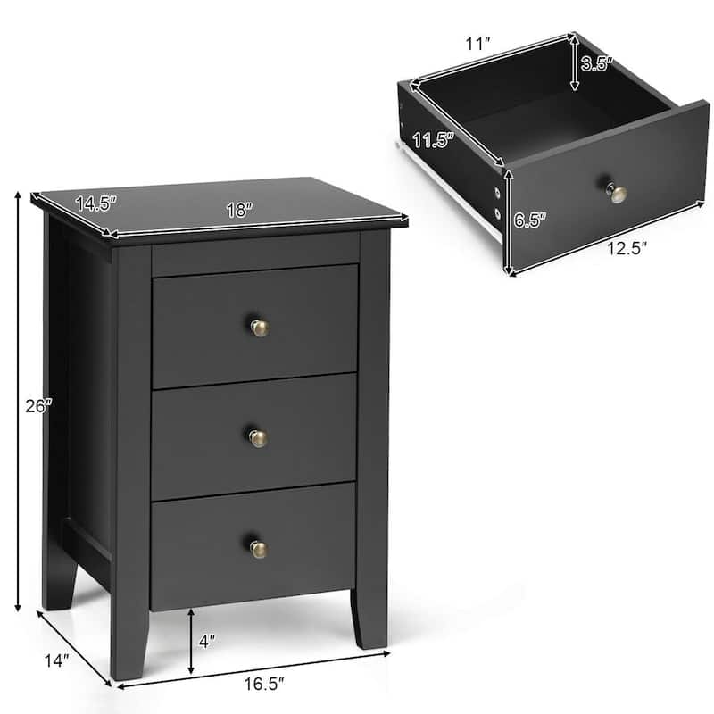 Black Bedside Table with 3 Drawers and Open Shelf Compact Storage Cabinet for Bedroom