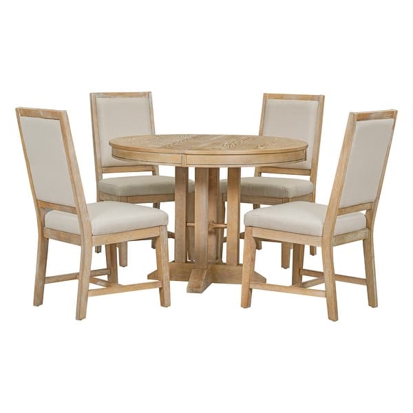 5Piece Dining Set with Extendable Round Table and Upholstered Chairs