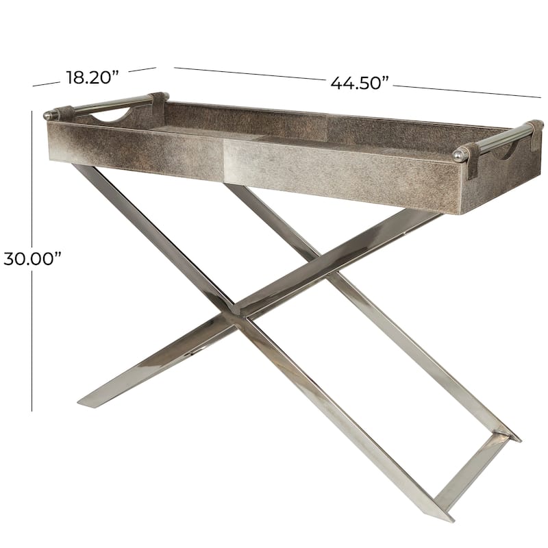 Gray Leather Tray Table Accent Table with Silver Legs and Handles