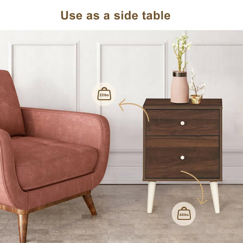 2-Drawer Bedside Table with Rubber Wood Legs and Waterproof Veneer Top - 18" x 16" x 24.5"