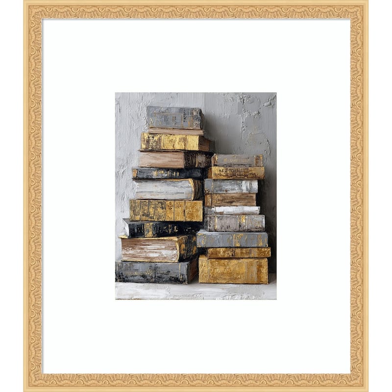 Distressed Books Stack Gold White Vintage Library Collection by Tradelink inhouse artist Wood Framed Wall Art Print