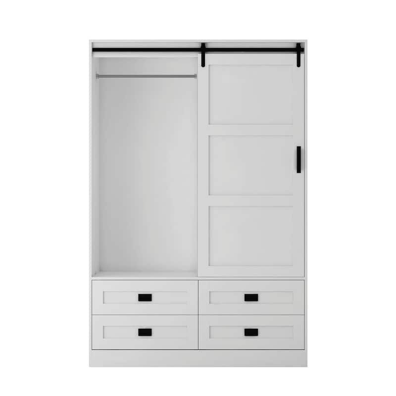 Tall Bedroom Armoire Wardrobe Closet - Clothing Storage Cabinet with Hanging Rod, Barn Doors