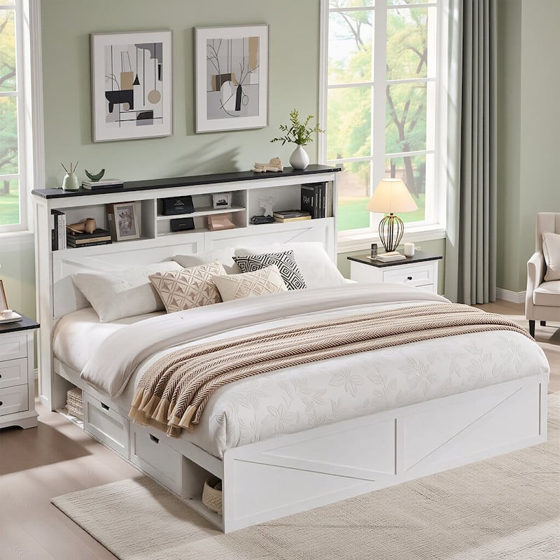 Farmhouse King Size Wood Bed Frame with Storage Headboard and Drawers - White