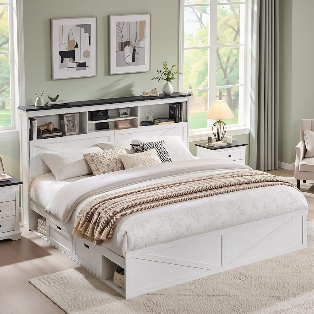 Farmhouse King Size Wood Bed Frame with Storage Headboard and Drawers