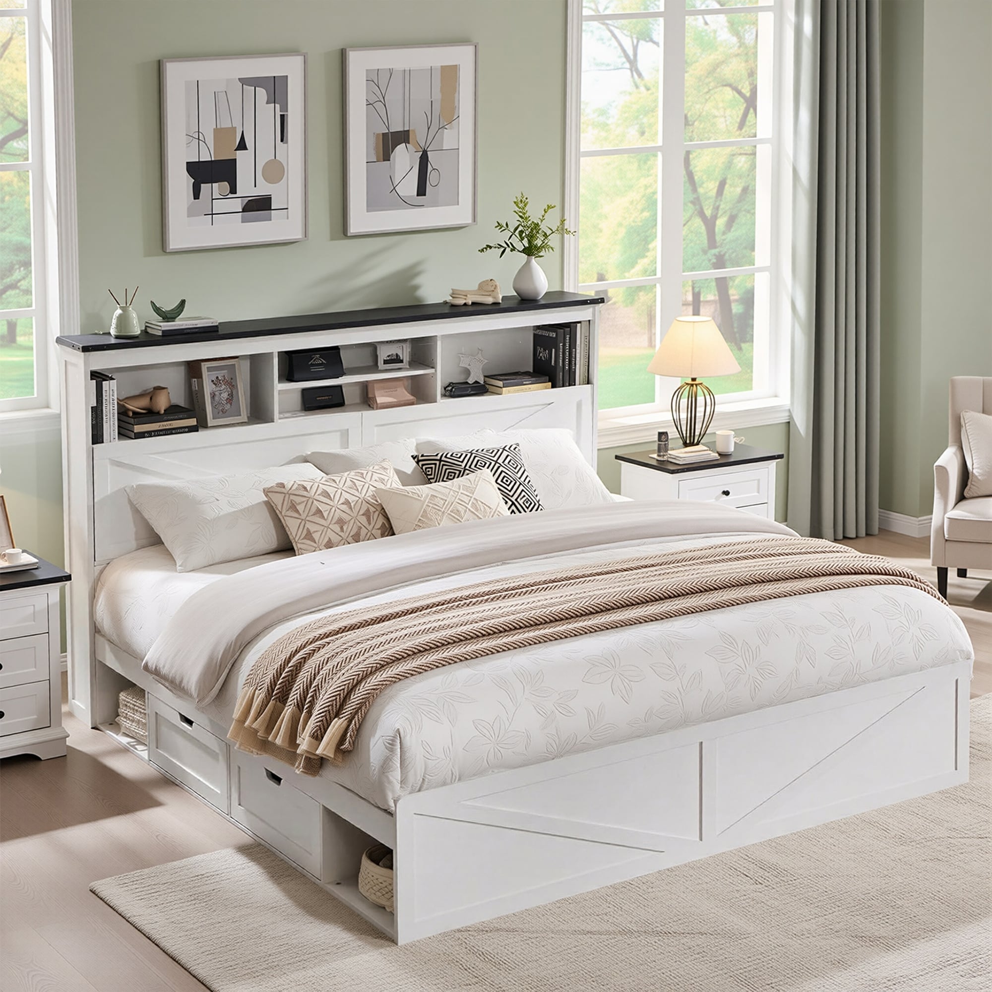 Farmhouse King Size Wood Bed Frame with Storage Headboard and Drawers