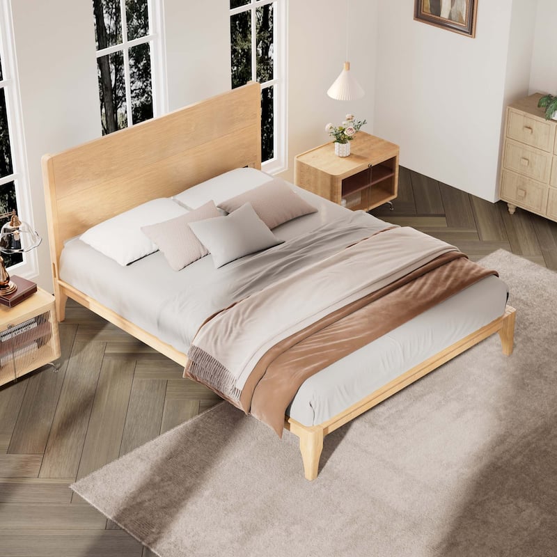 Mid-Century Modern Bamboo Wood Platform Bed