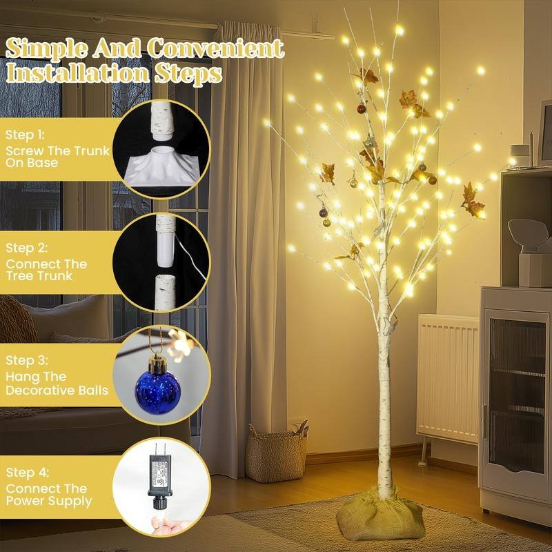 Grondin 3 Pieces Pre-Lit Christmas Lighted Artificial Birch Tree, 4FT 5FT 6FT White Lighted Birch Tree Set of 3