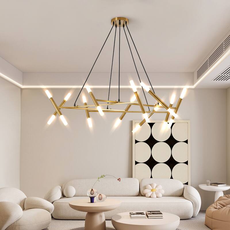 Modern Golden Chandelier with Frosted Tubes, Black Cords, for Dining Room, Living Room and Kitchen Island, Bulb Not Included