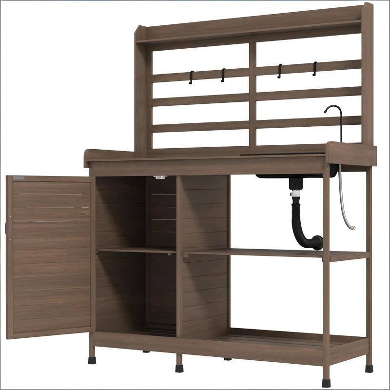 GDFStudio Outdoor Norwyn Fir Wood Potting Bench with Protective Finish and Storage