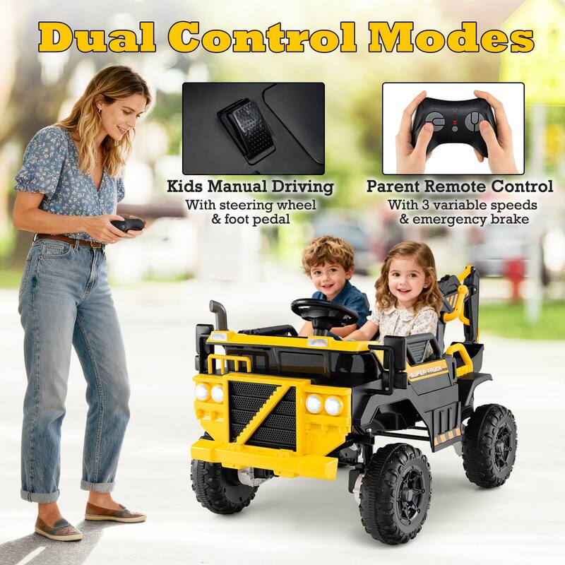 Costway 24V Ride On Excavator, 4WD Electric Truck Construction Vehicle - as pic shows - See Details