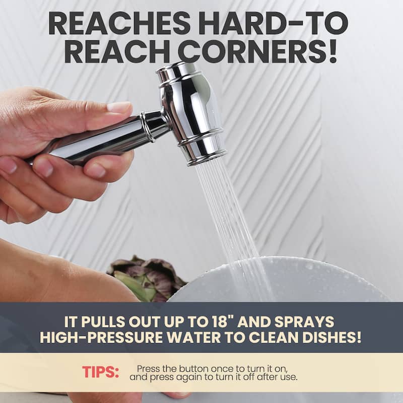 WOWOW 4 Hole Double Handle Bridge Kitchen Faucet with Side Sprayer
