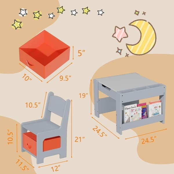 dimension image slide 2 of 3, Kids Art Table and Chair Set, 3 in 1 Activity Table with 2 Chairs