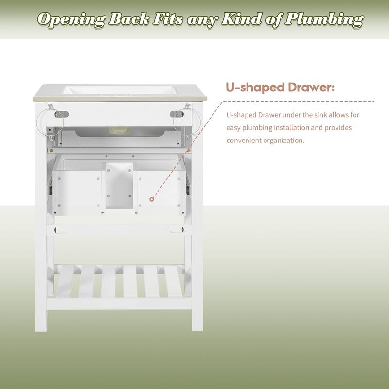 24"Bathroom Vanity with Integrated Ceramic Sink,Bathroom Cabinet with 1 Deep Drawer,1 Tip-Out Drawer,Single Sink Bathroom Vanity