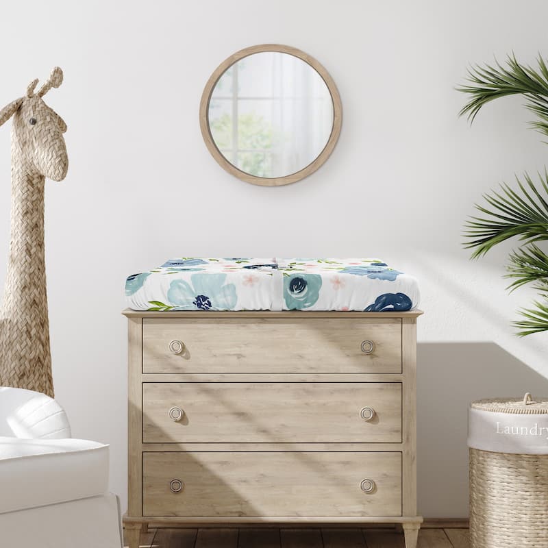 Sweet Jojo Designs Navy Blue Boho Floral Girl Changing Pad Cover Sheet -Bohemian Shabby Chic, Watercolor Flower, Farmhouse, Sage