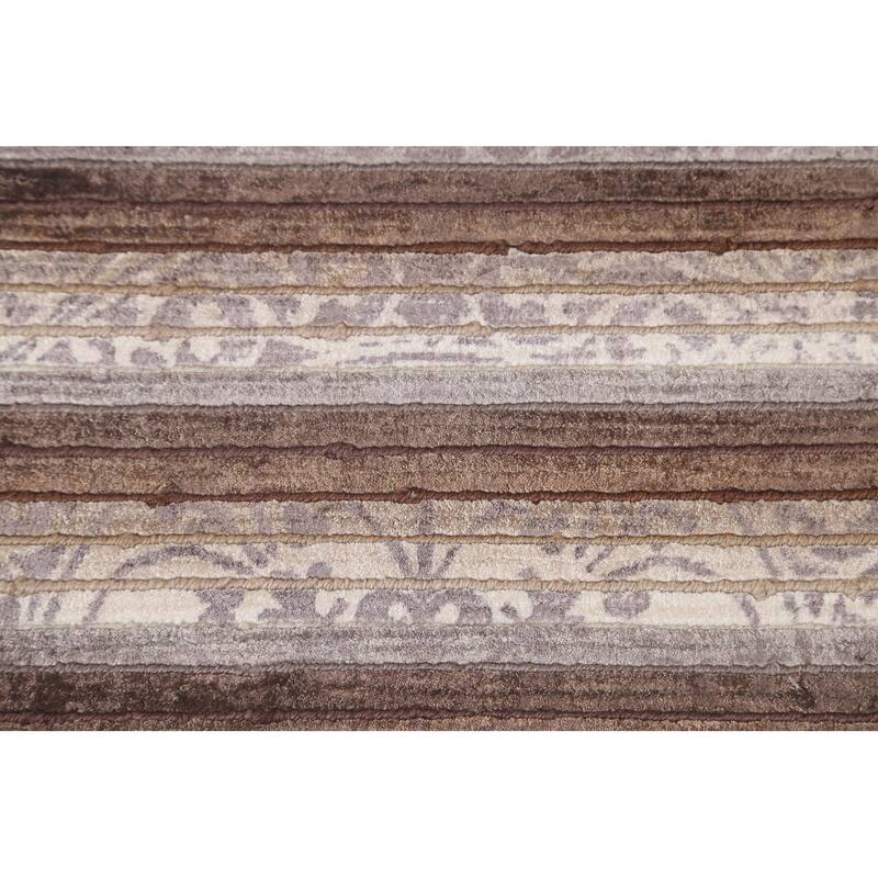 Beige Striped Abstract Accent Rug Handmade Oriental Wool Carpet - 2'9"x 5'0"