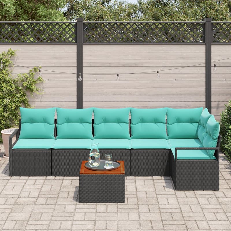 vidaXL 7 Garden Sofa Set with Cushions Black/Grey Poly Rattan - 113 x 48 x 27.2