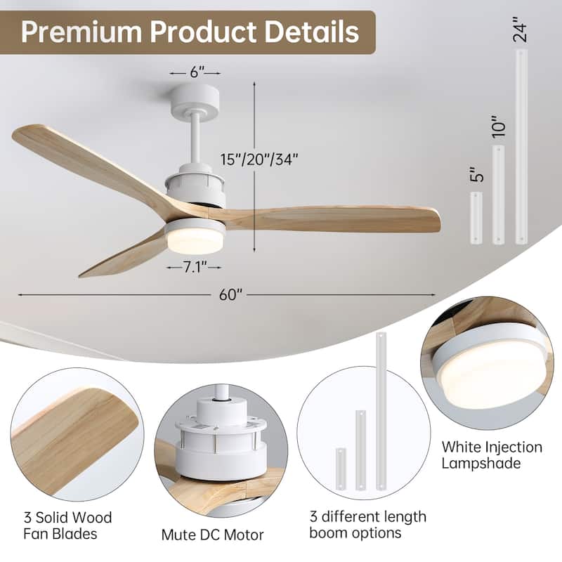 42“/52"/60"/48" Noiseless Walnut Wood Ceiling Fan with Remote Control, Integrated Light Optional