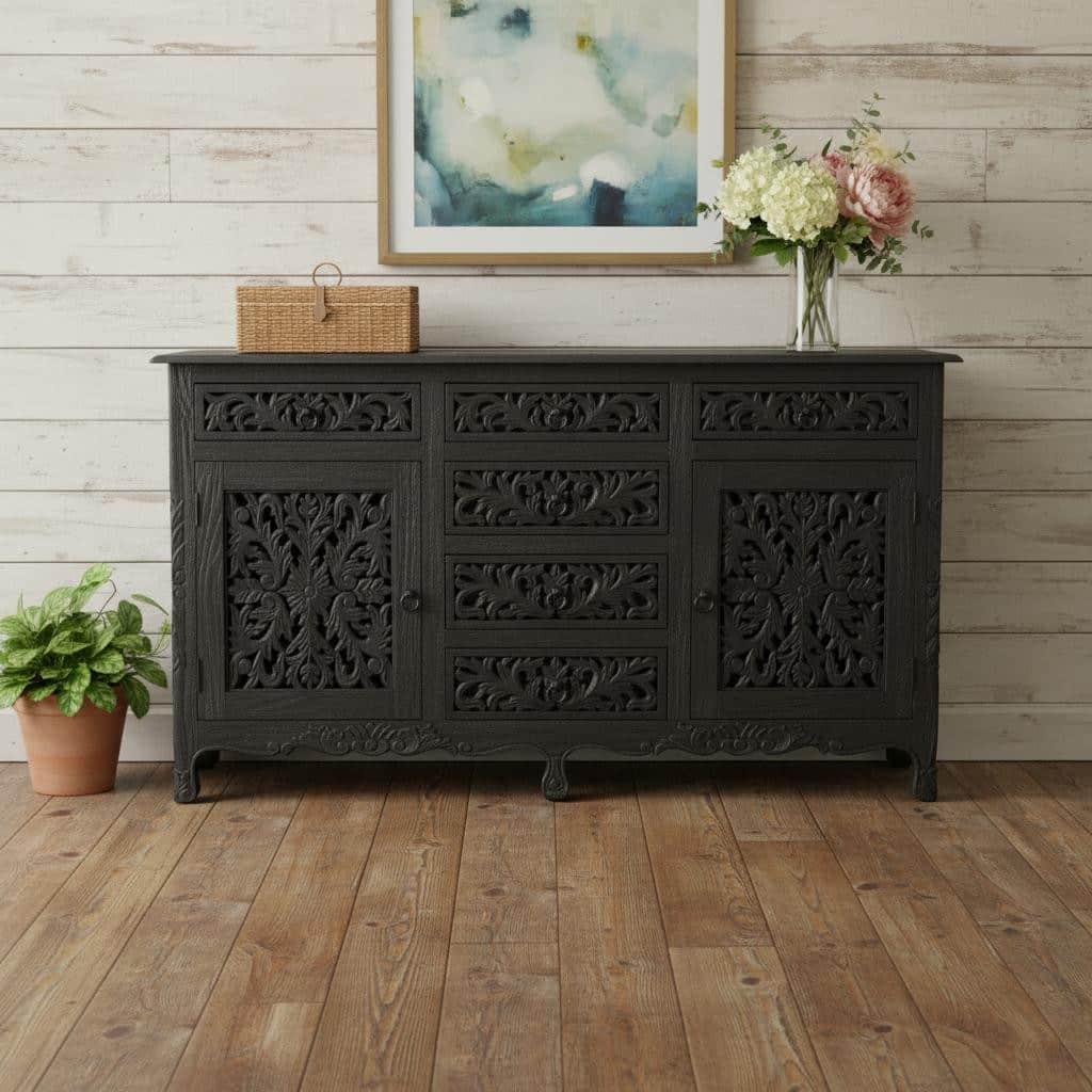 HomeRoots 66" Black Distressed Solid Wood Carved Floral Six Drawer Sideboard With Two Doors - 66.00 in. x 36.00 in. x 20.00 in.