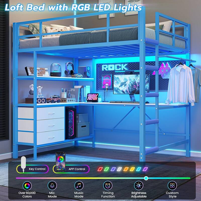 Loft Bed with L-Shaped Desk Charging Station Metal LED Lights 3 Fabric Drawers