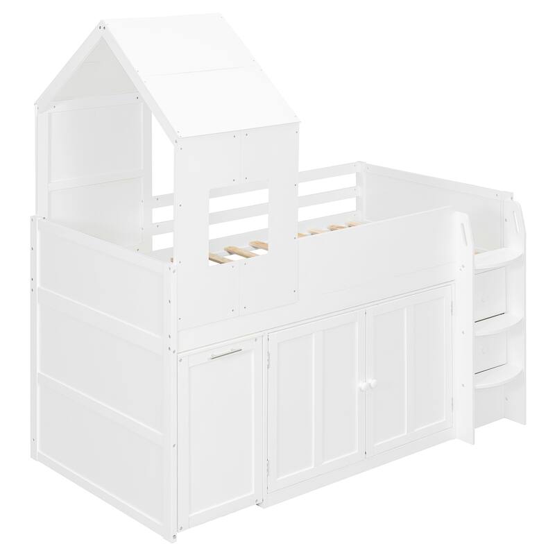 Roomfitters Twin Size House Loft Bed with Rolling Desk, Storage Cabinets and Staircase, All-in-One Space Saving Sleeper