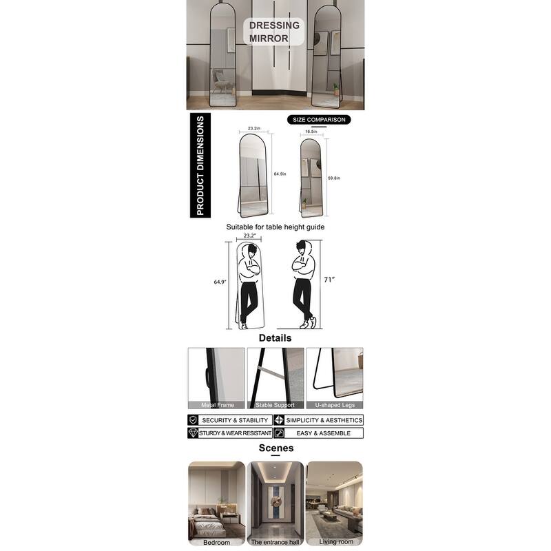 Roomfitters Arched Wall Mirror with Black Aluminum Frame, 59.8"x16.5" Full Length Floor or Vanity Mirror, Black