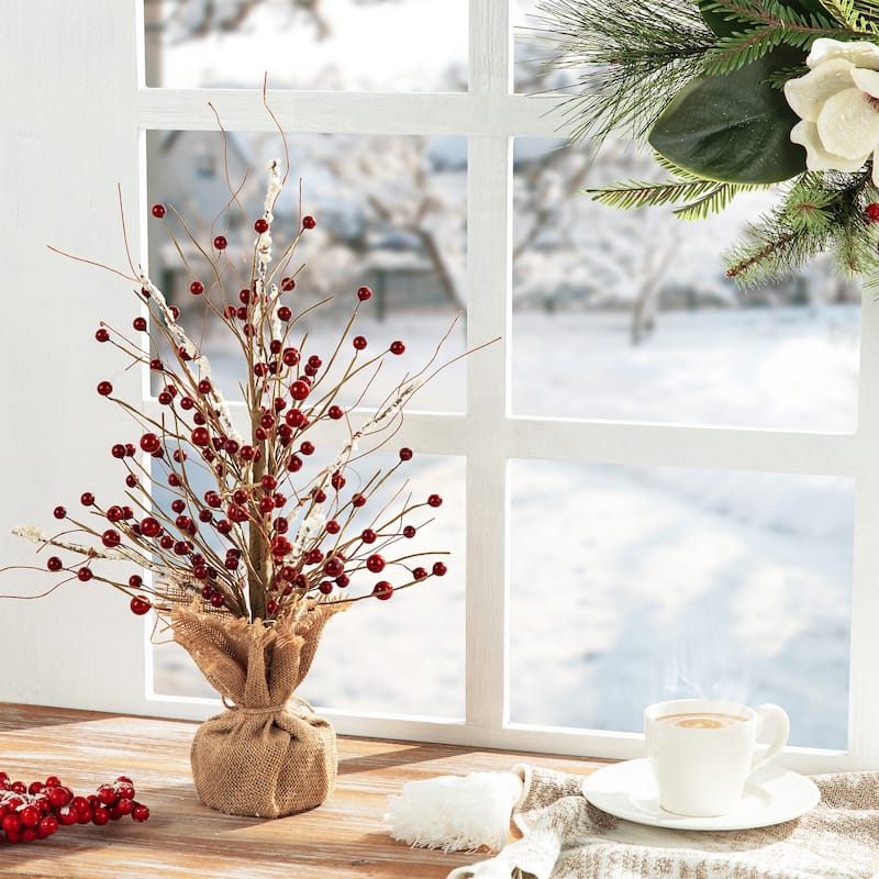 Glitzhome 20"H Christmas Floral Table Tree Decor with Base for Party Festival Home Decor