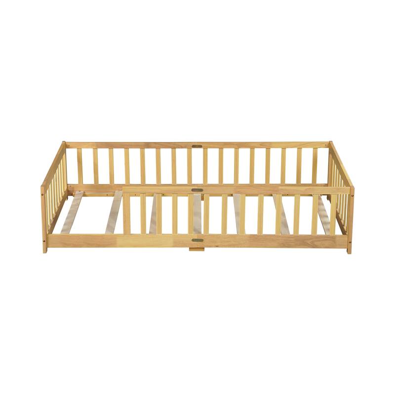 Twin Size Rubber Wood Floor Bed with Safety Guardrails, Natural Finish, Easy Assembly