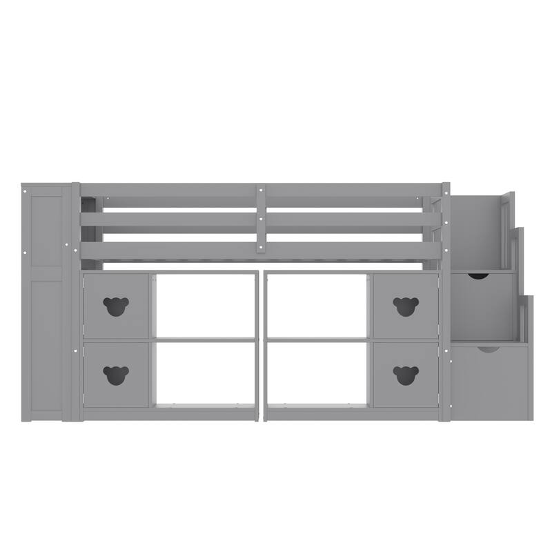 Grey Twin Size Low Loft Bed with Shelves, Storage Headboard, and Stairs