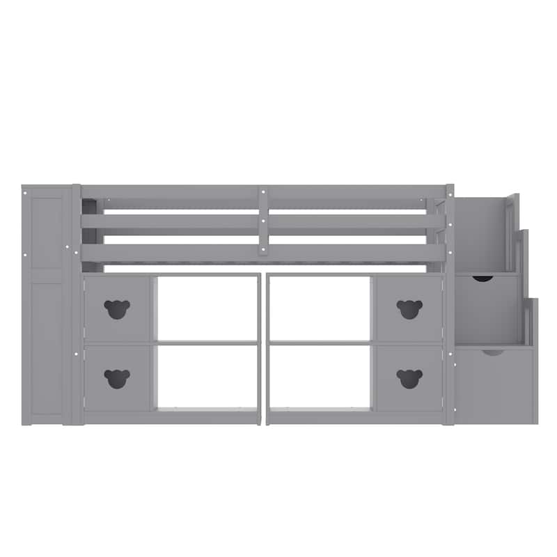 Twin Low Loft Bed with Stairs Storage Shelves and LED Lights No Box Spring Needed