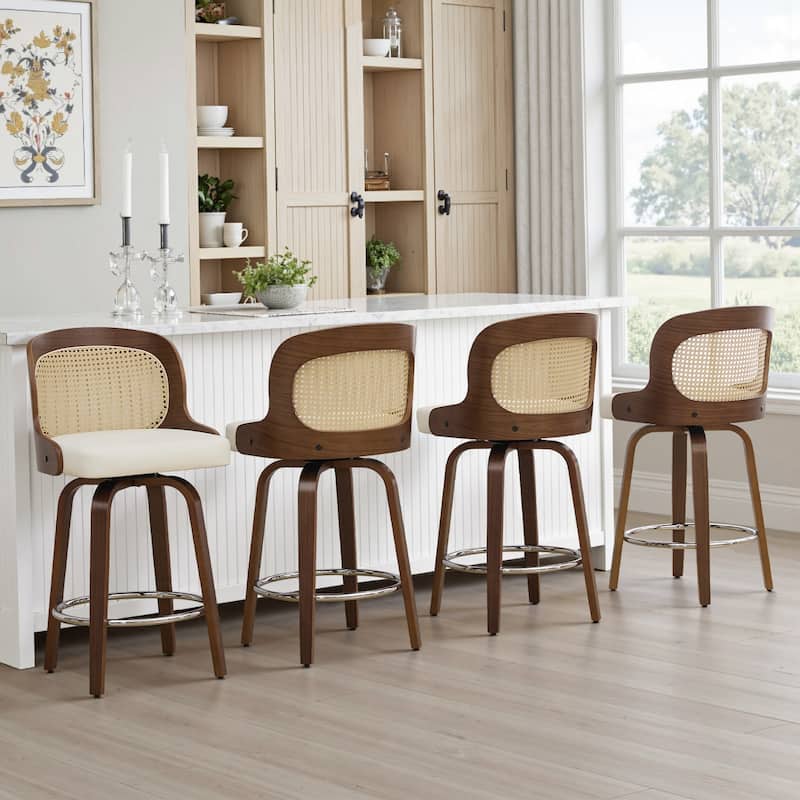 26" Upholstered Swivel Counter & Bar Stool with Rattan Back - 37.4"H x 19.09"W x 19.88"D - Set of 4 - White