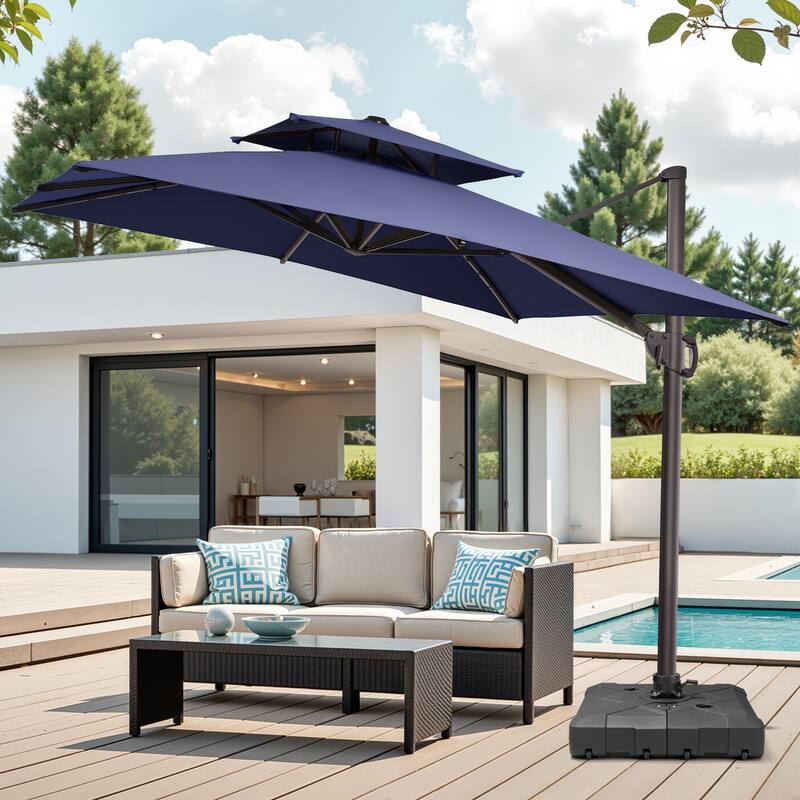 Pellebant 10 ft Square Patio Cantilever-Offset Umbrella 360 Degree Rotation with Wheel Base - Navy Blue