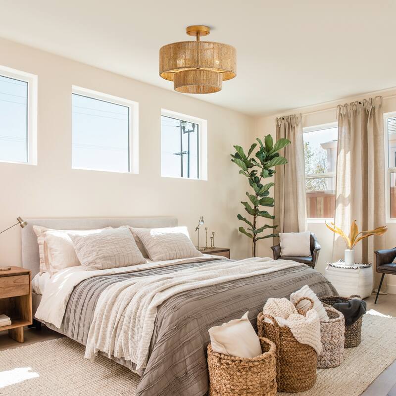 Bohemian Gold Natural Handmade Jute Rope 3-Light Two-Tier Drum Semi-Flush Mount Ceiling Light - 15.4"Wx12.6"H