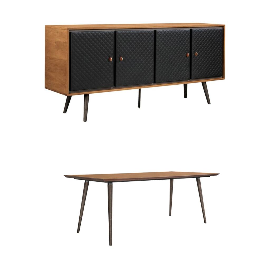 Transitional Style Wooden 2 Piece Dining Table and Sideboard Set, Brown