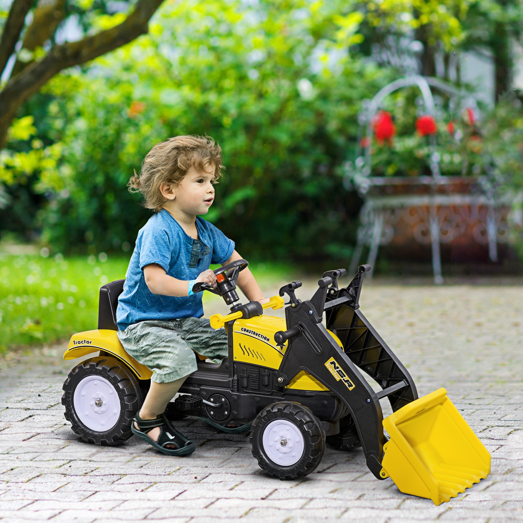 Aosom Kids Ride-On Excavator, Manual Pedal Digger, Front Loader Tractor, Yellow