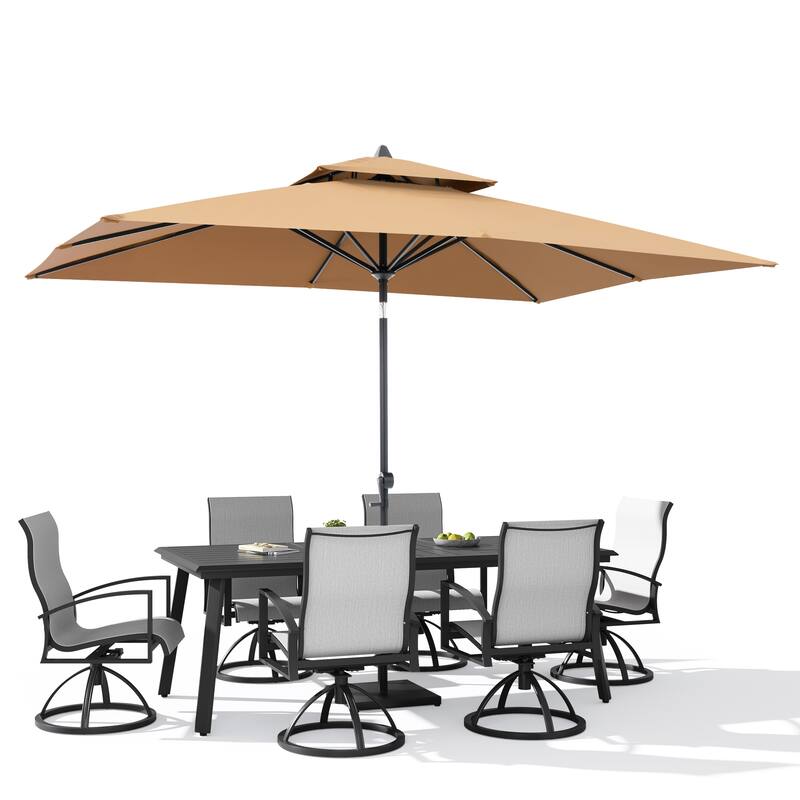 9-Piece Outdoor Aluminum Dining Table and Swivel Sunbrella Chairs with Market Umbrella and Base Set