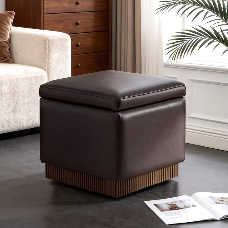 Swivel Storage Ottoman Bench Footstool with Flip-top and Acacia Frame - Dark Brown