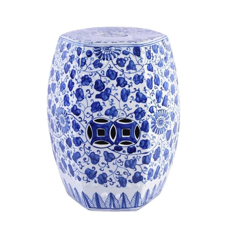 Blue & White Hex Garden Stool Grape Vines