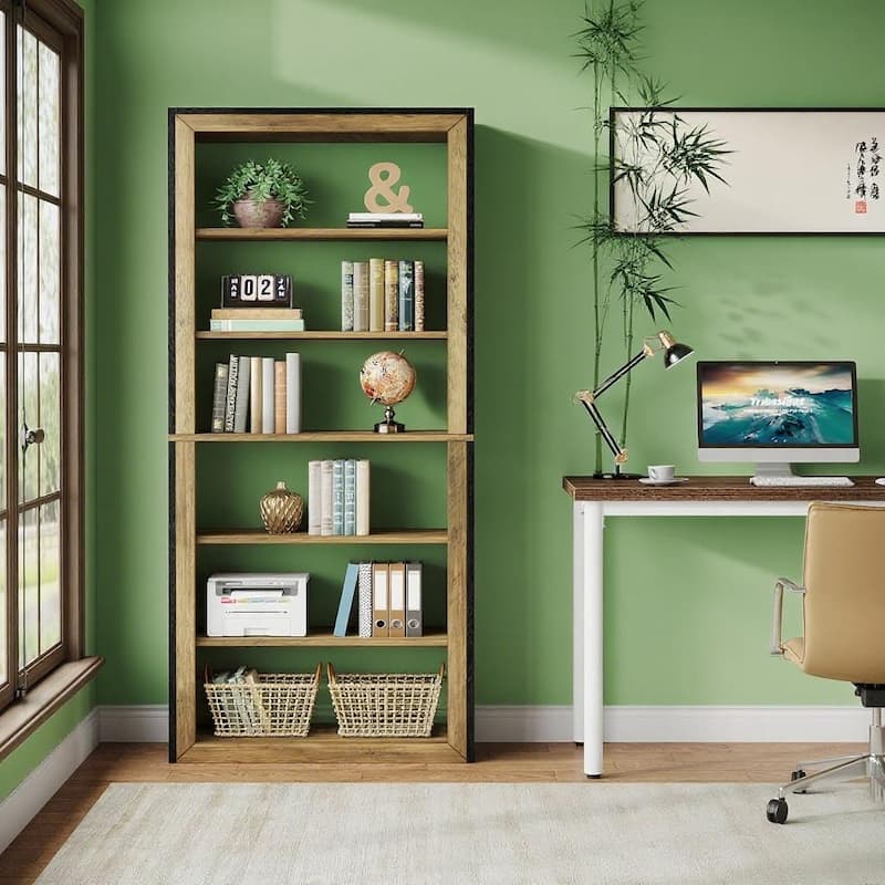 Vertical 7-Tier Bookshelf with Rustic Brown Wood and Black Frame for Living Room or Office - 31.5”L x 11.81”W x 63”H