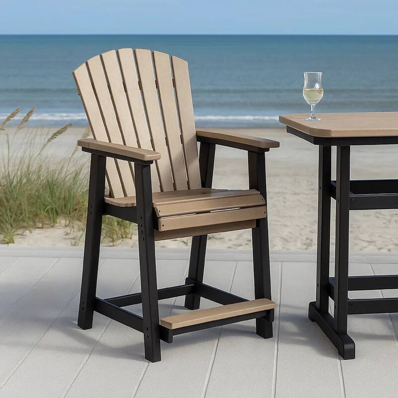 Ashi Outdoor Bar Height Chair Set of 2, Black, Brown Slatted Backrest