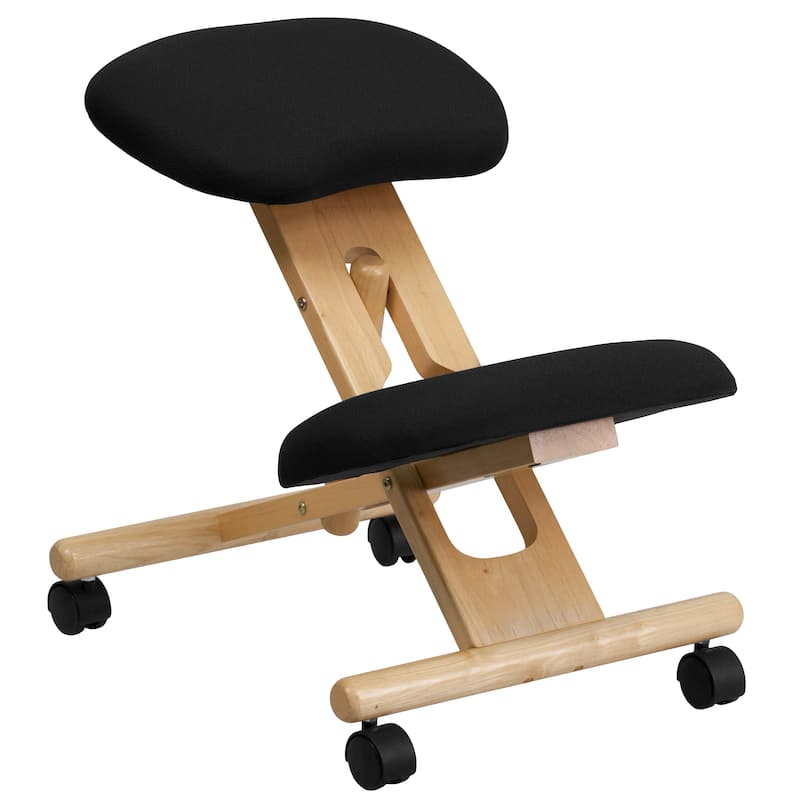 Mobile Wooden Ergonomic Kneeling Office Chair in Fabric - Black
