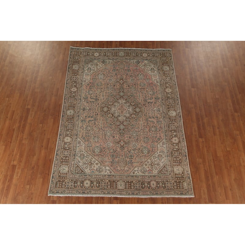Pink Geometric Tabriz Persian Vintage Area Rug Handmade Wool Carpet - 6'8"x 9'6"