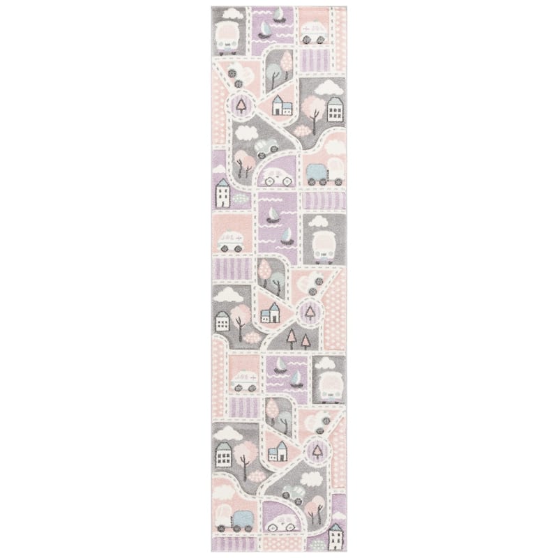 SAFAVIEH Carousel Kids Mihaila Neighborhood Rug - 2' x 8' Runner - Grey/Pink - Runner