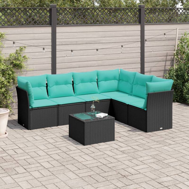 vidaXL 7 Piece Patio Sofa Set with Cushions Black Poly Rattan - 32.2x27.2x46.1