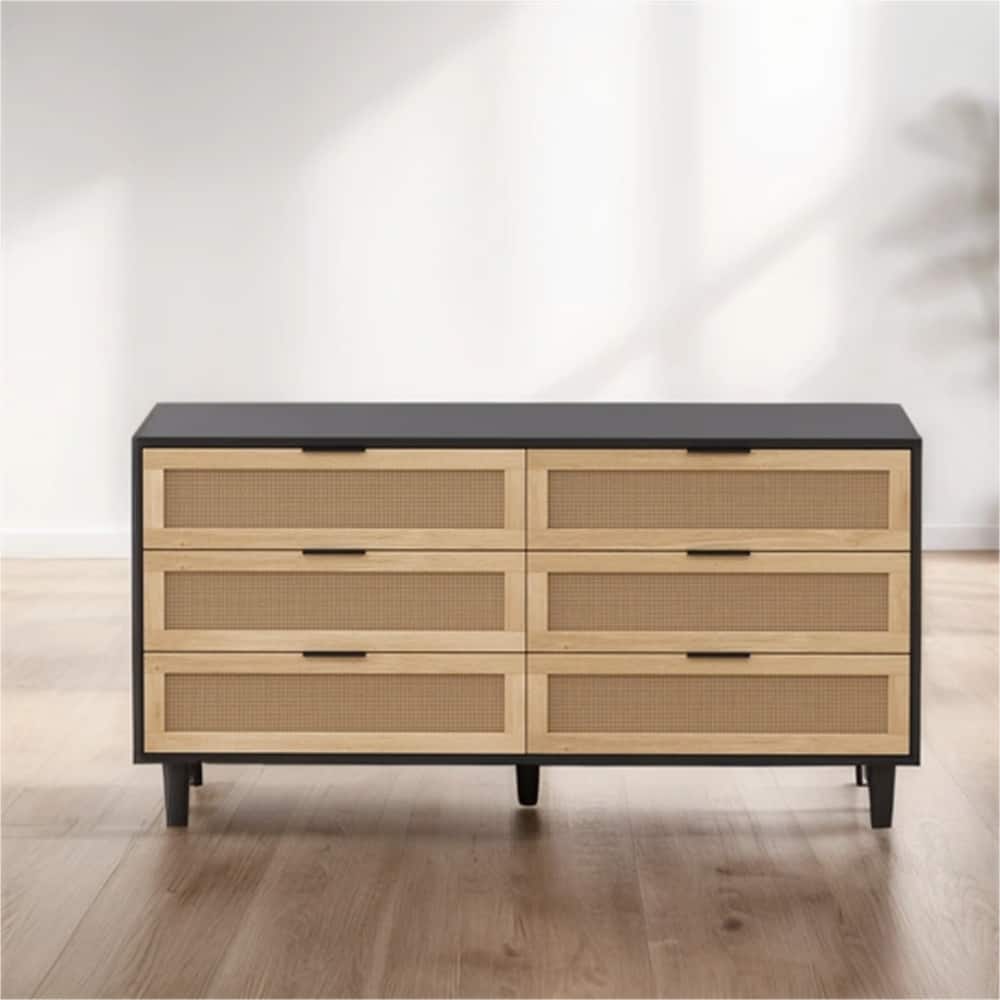 59" Rattan Storage Cabinet with 6 Drawers and Wood Legs