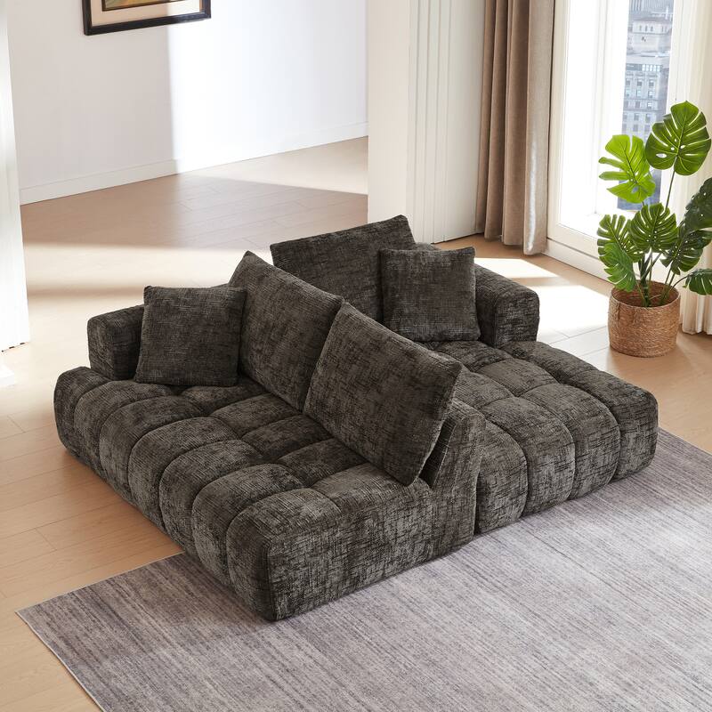 L-Shape Sectional Sofa with Chaise Lounge, Oversized Chenille Upholstered 4 Seater Sofa, Compressed Sofa with Throw Pillows